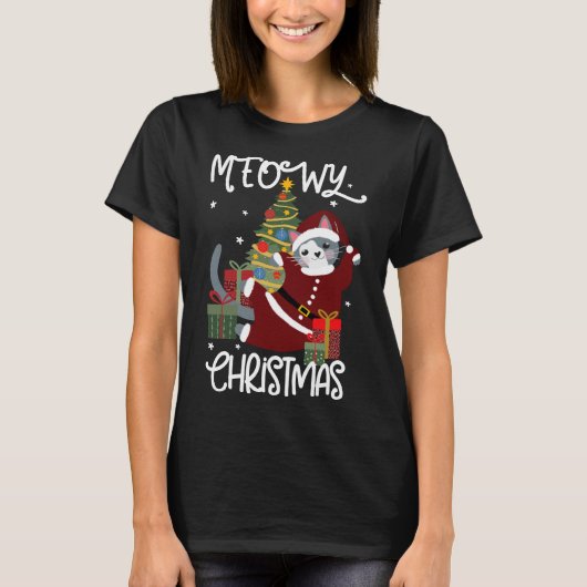 Meowy Kerst Schattige Funny Cat Lover T-shirt (Voorkant)
