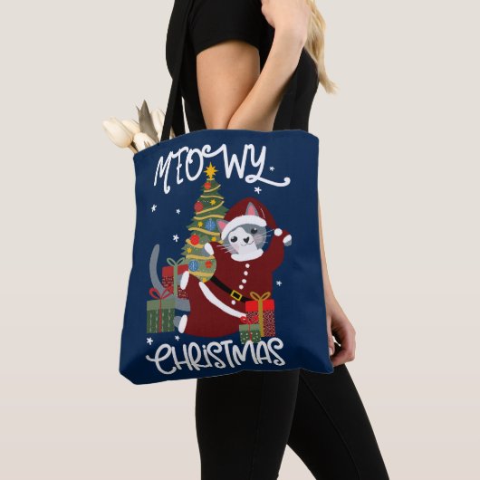 Meowy Kerst Schattige Funny Cat Lover Tote Bag (Dichtbij)