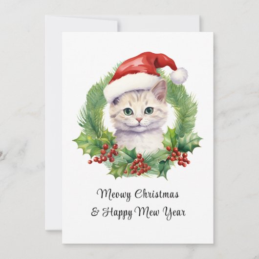 Meowy Kerst Schattige Funny Cat Op Santa Hat Feestdagenkaart (Voorkant)
