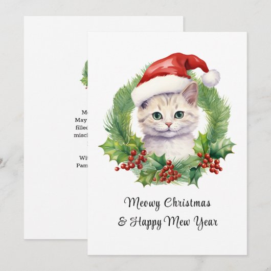 Meowy Kerst Schattige Funny Cat Op Santa Hat Feestdagenkaart (Voorkant / Achterkant)