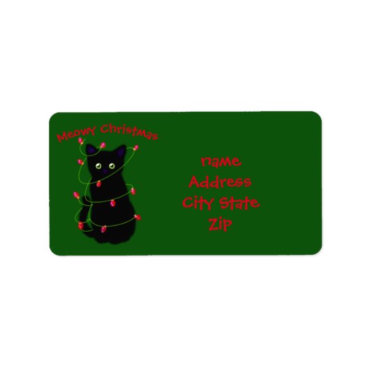 Meowy Kerst schattige zwarte kat twinkle lichten L Etiket (Voorkant)