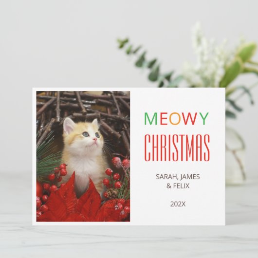 Meowy Kerst Schattigee Kat Foto Dierenvrienden Hui Feestdagenkaart (Staand voorkant)