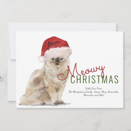 Meowy Kerst Schattigee Kat Santa Hat Modern Script Feestdagenkaart (Voorkant)