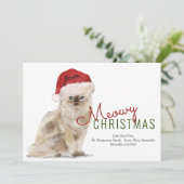 Meowy Kerst Schattigee Kat Santa Hat Modern Script Feestdagenkaart (Staand voorkant)