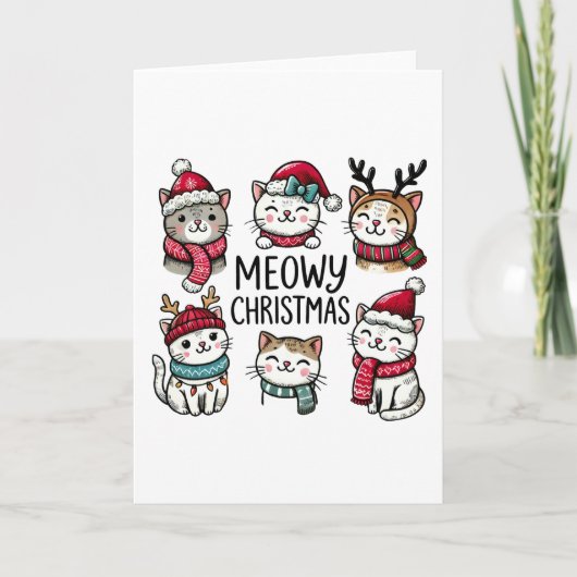Meowy Kerst Schattigee Katten Vakantie Blank Gevou Kaart (Voorkant)