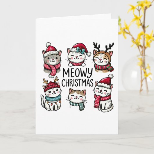 Meowy Kerst Schattigee Katten Vakantie Blank Gevou Kaart (Gele Bloem)