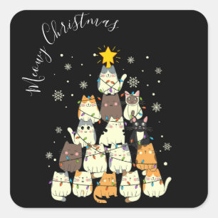 Meowy Kerst Vrolijke Kat Boom Vierkante Sticker