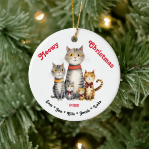 Meowy Kerst Waterverf Kat Familie  Keramisch Ornament