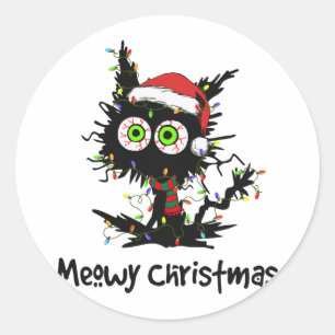 Meowy Kerst Zwart Kat Licht Kerst Pyjama Ronde Sticker
