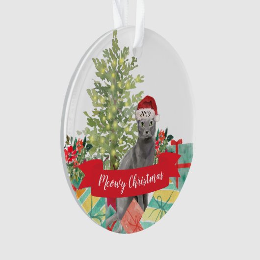 Meowy Kerstblauw Russisch Kat Ornament (voorkant)