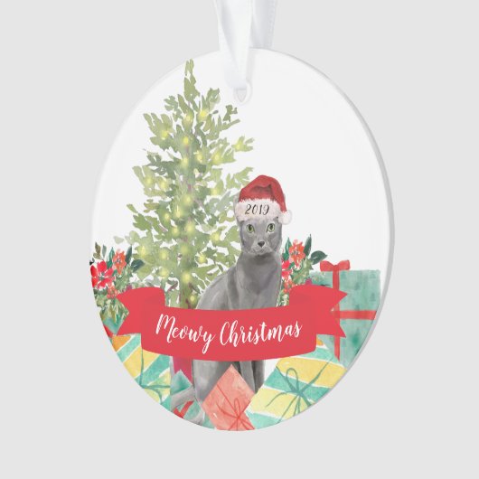 Meowy Kerstblauw Russisch Kat Ornament (voorkant)