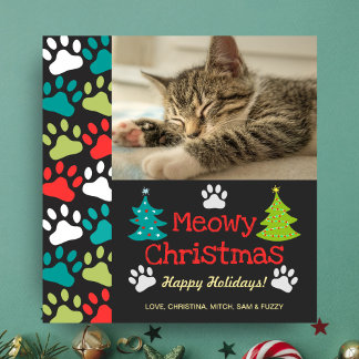 Meowy kerstboom Doodle Paw Print Cat Foto Feestdagenkaart