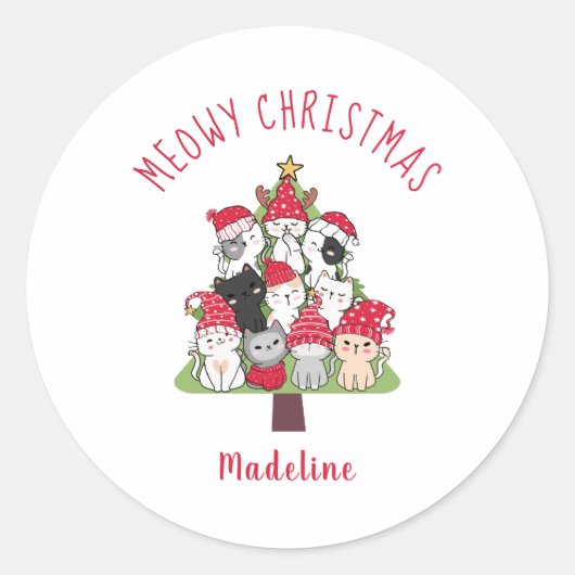 Meowy Kerstboom Katten Ronde Sticker (Voorkant)