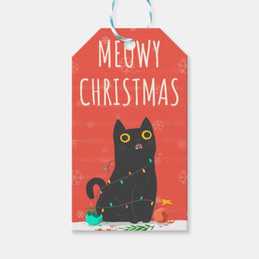 Meowy kerstcadeau-Label voor Kat met kerstcadeaus Cadeaulabel (Voorkant)