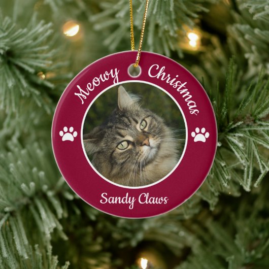 Meowy Kerstcute Cat Foto: Jaar Paws Keramisch Ornament (Boom)