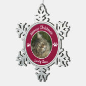 Meowy Kerstcute Cat Foto met naam (rood) Tin Sneeuwvlok Ornament (Rechts)