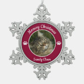 Meowy Kerstcute Cat Foto met naam (rood) Tin Sneeuwvlok Ornament (Voorkant)