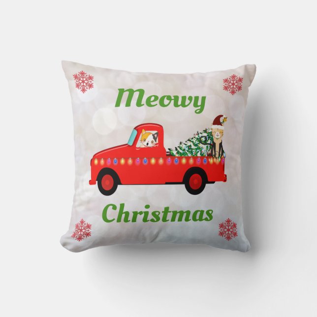 Meowy Kerstcute Cat Red Truck Snowflakes Kussen (Voorkant)