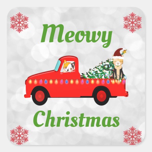 Meowy Kerstcute Cat Red Truck Vierkante Sticker (Voorkant)
