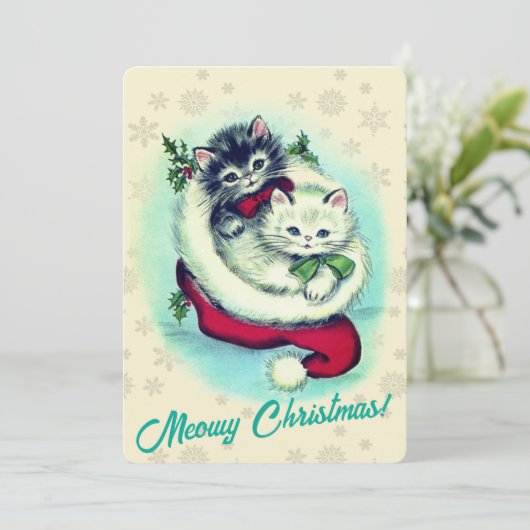 Meowy Kerstcute Kittens Retro Artwork Feestdagenkaart (Staand voorkant)