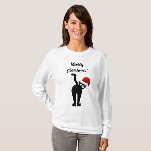 Meowy Kerstfeest Funny Cat Humoureuze T-shirt (Voorkant volledig)