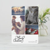 Meowy Kerstfeest Funny Cat Thed Custom 4 Foto Feestdagenkaart (Staand voorkant)