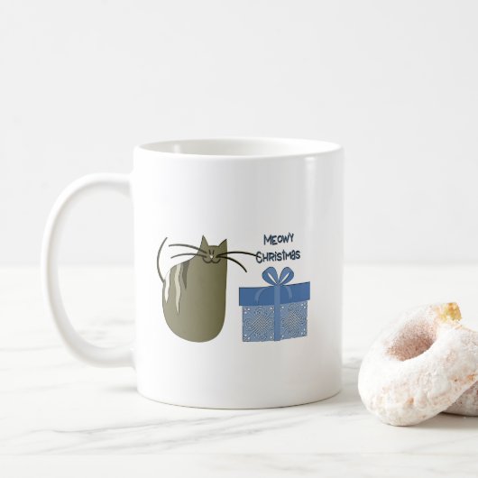 Meowy kerstgrijze kat met blauwe cadeau koffiemok (Met donut)