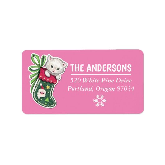 Meowy KerstHappy Reindeer-adreslabel roze Etiket (Voorkant)