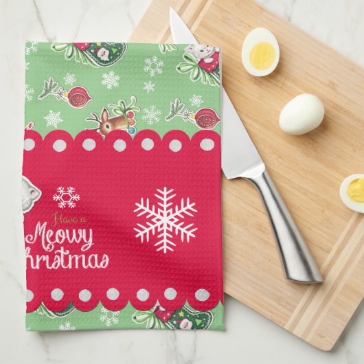 Meowy KerstHappy Reindeer Kitchen Towel Theedoek (Quarter Fold)