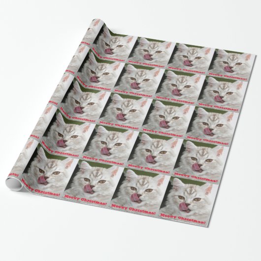 Meowy kerstkaartje, grappig keukenpapier cadeaupapier (Uitgerold)