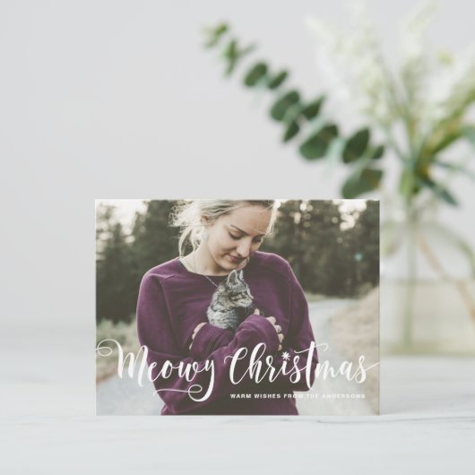 Meowy kerstkalligrafie moderne foto kat feestdagenkaart (Staand voorkant)