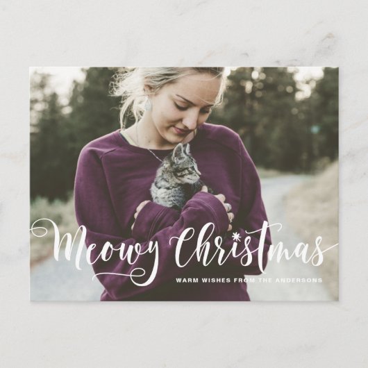 Meowy kerstkalligrafie moderne foto kat feestdagenkaart (Voorkant)