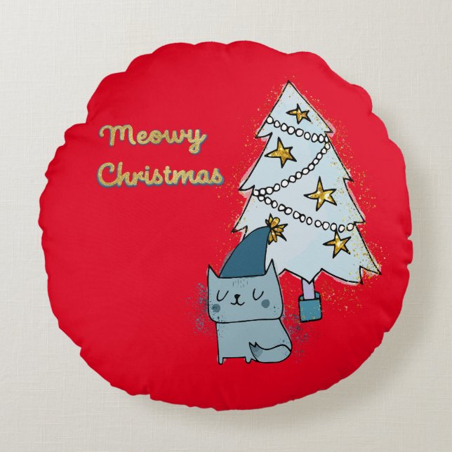 Meowy kerstkat en boom rond kussen (Voorkant)