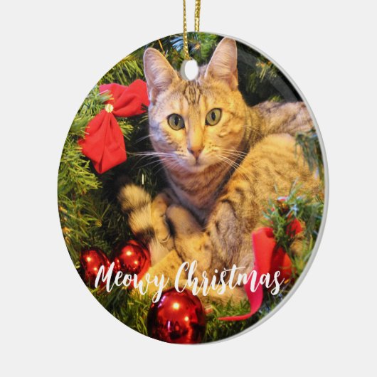 Meowy kerstkat keramisch ornament (Links)