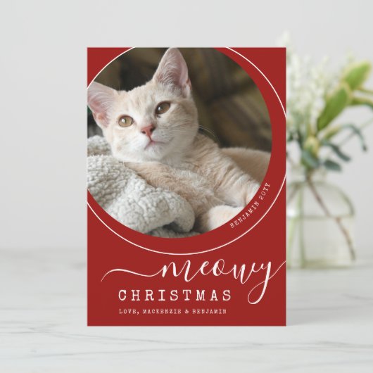Meowy Kerstkat Kitten Foto Rood en Wit (Staand voorkant)