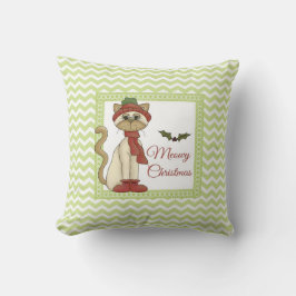 Meowy kerstKat met groene chevron-achtergrond Kussen