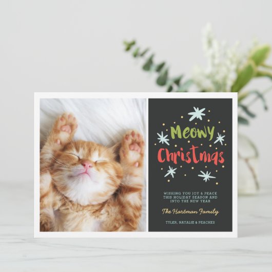 Meowy kerstKat Moderne kerstfoto Groen Feestdagenkaart (Staand voorkant)