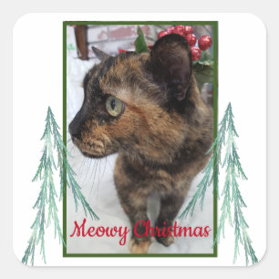 Meowy Kerstkat Photo Evergreen Vierkante Sticker