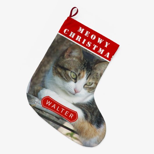 Meowy kerstkat rode kerstfoto grote kerstsok (Voorkant (Hangend))