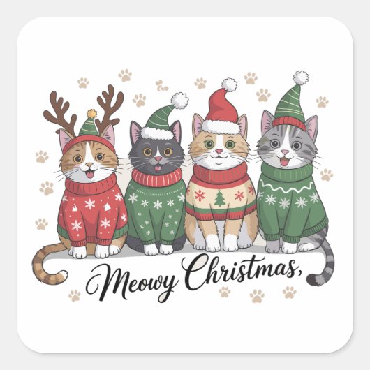 Meowy Kerstkat Schattigee Katten met Sinterklaas P Vierkante Sticker (Voorkant)