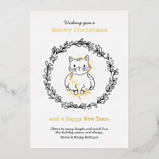 Meowy kerstkat Tangled in licht Folie Feestdagenkaart (Voorkant)