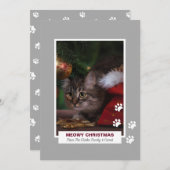 Meowy kerstkat White Paw Prints Pet Photo Feestdagenkaart (Voorkant / Achterkant)