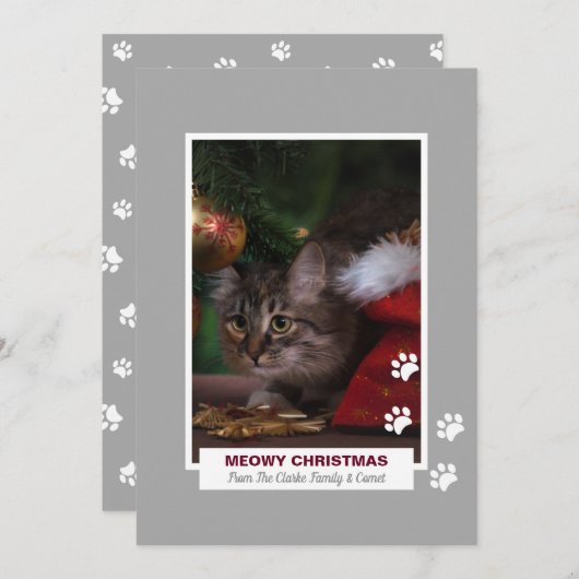 Meowy kerstkat White Paw Prints Pet Photo Feestdagenkaart (Voorkant / Achterkant)