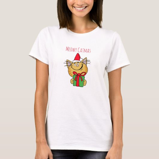 Meowy kerstkat Women's Basic T-Shirt (Voorkant)