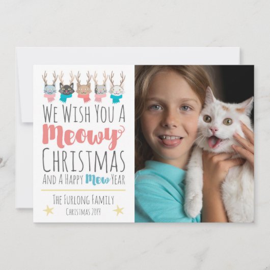Meowy Kerstkatten + gewei vakantie fotokaart Feestdagenkaart (Voorkant)