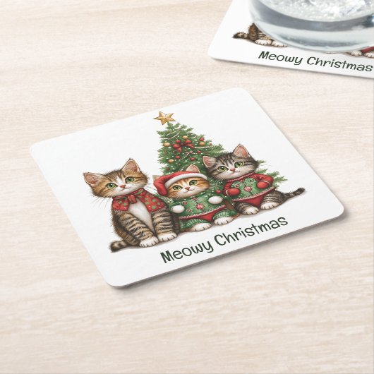 Meowy kerstkatten kartonnen onderzetters (Schuin)