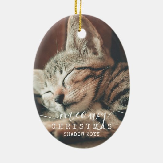 Meowy Kerstmis 2 Foto twee Cats Rustic Red Ceram Keramisch Ornament (Achterkant)