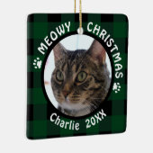 MEOWY KERSTMIS 2-zijdige 2-foto kat, Green Plaid Keramisch Ornament (Rechts)
