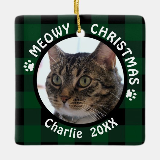 MEOWY KERSTMIS 2-zijdige 2-foto kat, Green Plaid Keramisch Ornament (Voorkant)