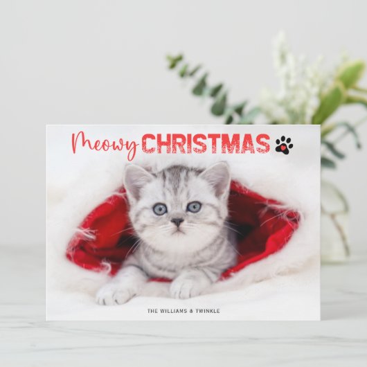Meowy Kerstmis 3 Fotocaat Lover Pet Paw Print Ho Feestdagenkaart (Staand voorkant)